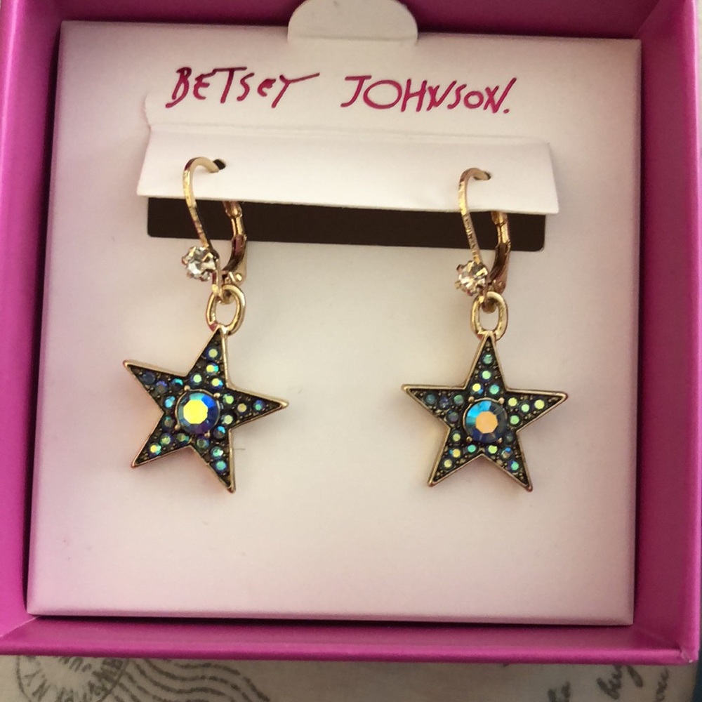 Betsey Johnson Gold Tone Heavenly Creatures Star Drop Earrings Oil Slick Color - Picture 5 of 11